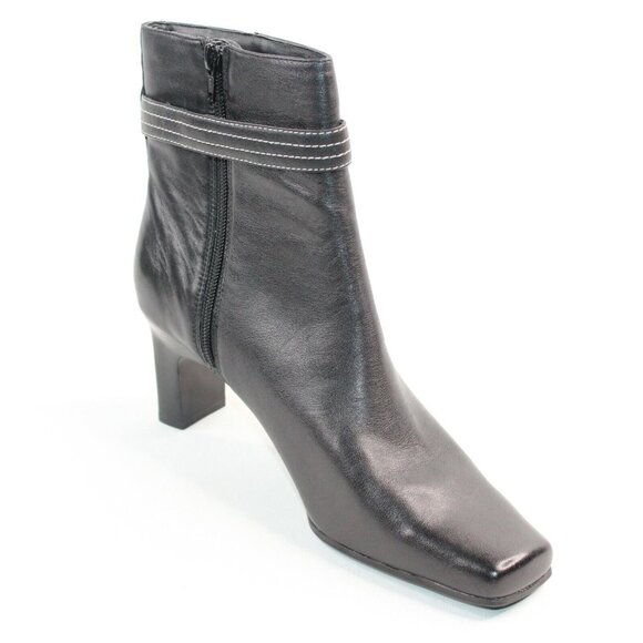 MARKON Womens Sz 9.5M Black Leather High Block Heel Fashion Ankle Boots Booties - Picture 2 of 12